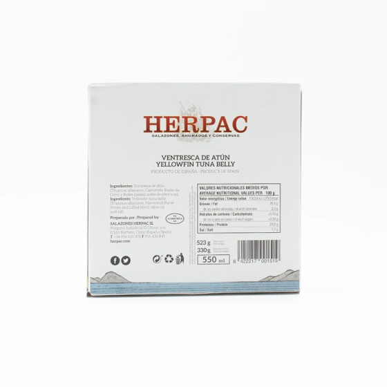VENTRESCA DE ATÚN DE ALETA AMARILLA EN ACEITE DE OLIVA LATA 523g. HERP