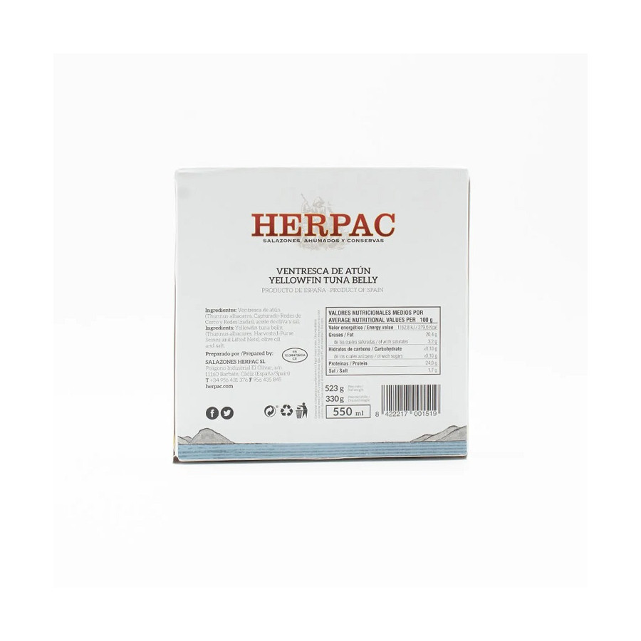 VENTRESCA DE ATÚN DE ALETA AMARILLA EN ACEITE DE OLIVA LATA 523g. HERP