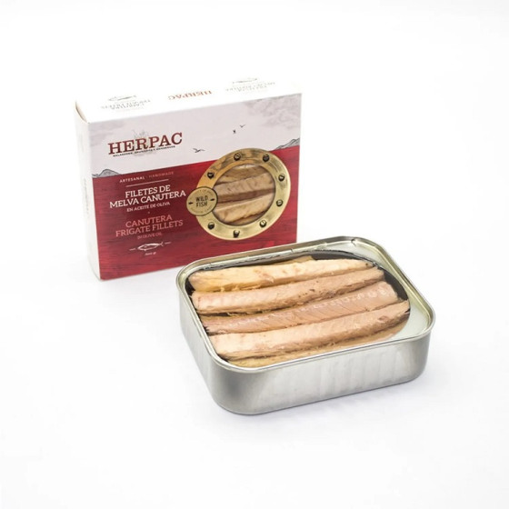 FILETES DE MELVA CANUTERA EN ACEITE DE OLIVA LATA 245g. HERPAC BARBATE
