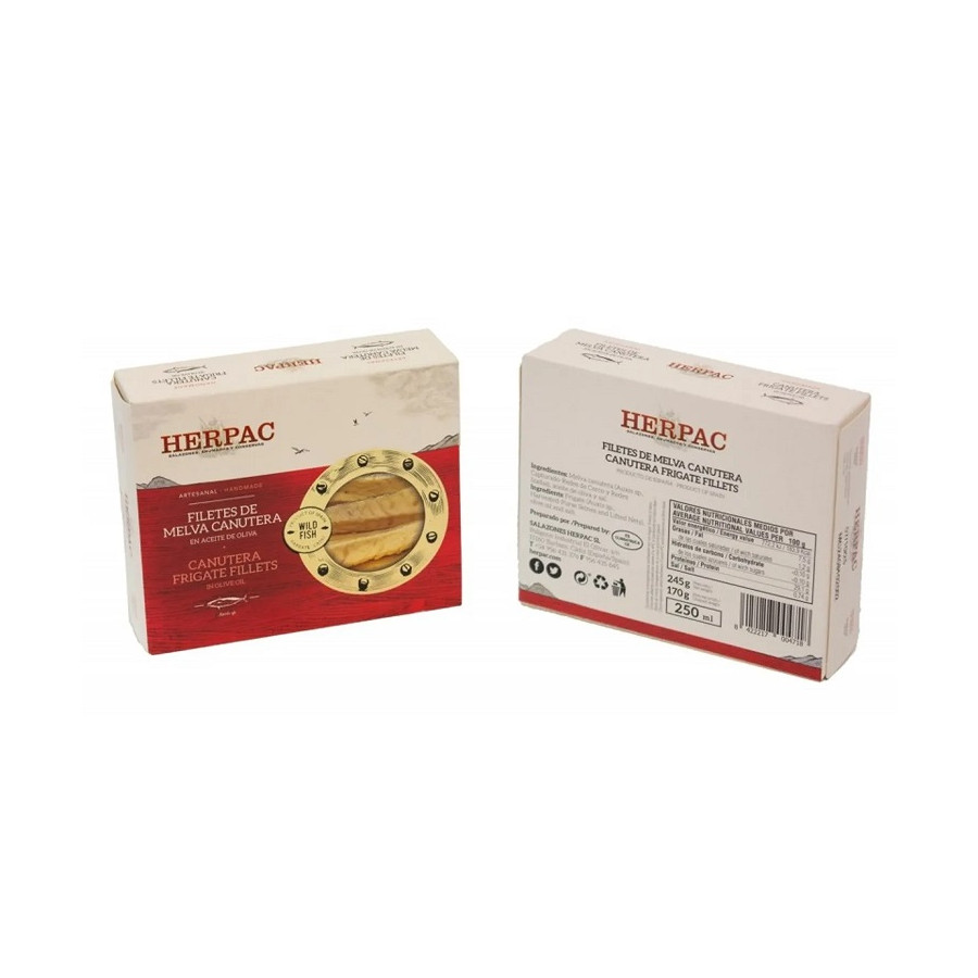 FILETES DE MELVA CANUTERA EN ACEITE DE OLIVA LATA 245g. HERPAC BARBATE
