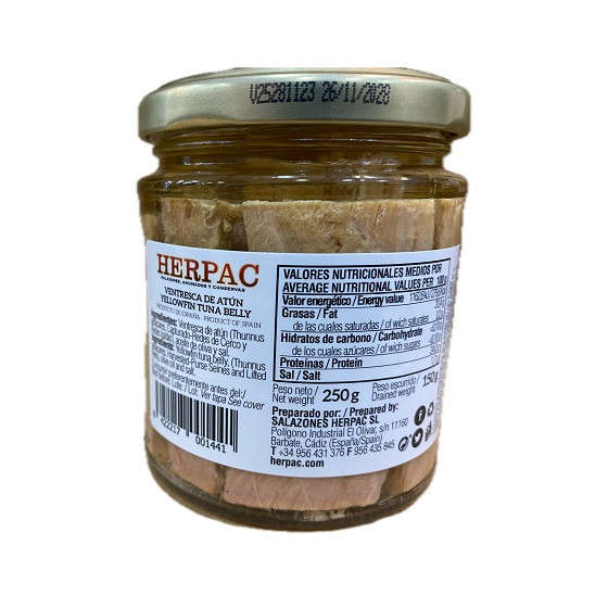 VENTRESCA DE ATÚN DE ALETA AMARILLA EN ACEITE DE OLIVA TARRO 250g. HER