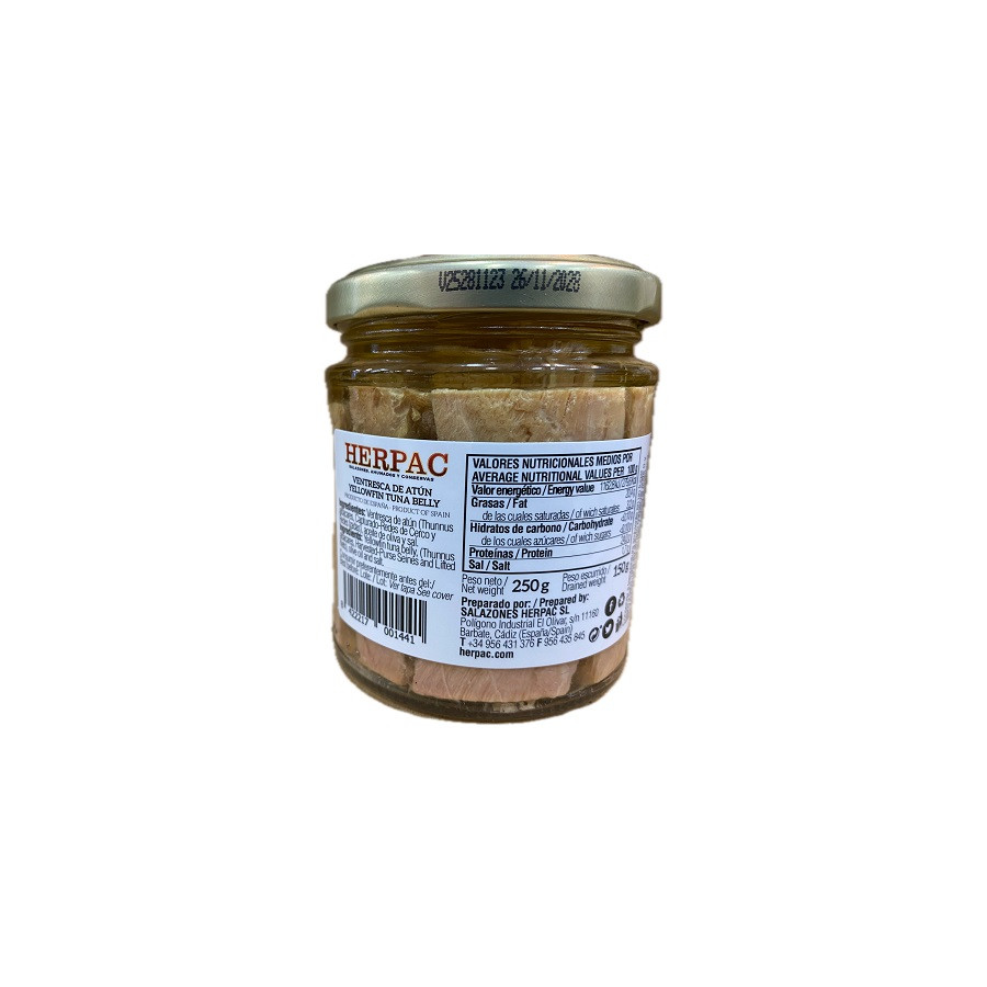 VENTRESCA DE ATÚN DE ALETA AMARILLA EN ACEITE DE OLIVA TARRO 250g. HER