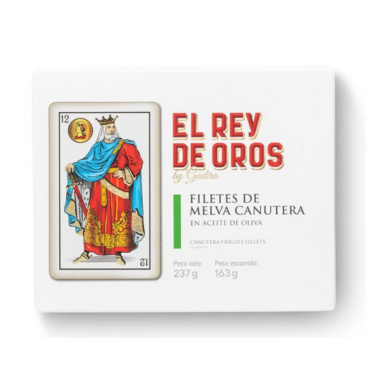 FILETES DE MELVA CANUTERA EN ACEITE DE OLIVA LATA 237g. EL REY DE OROS