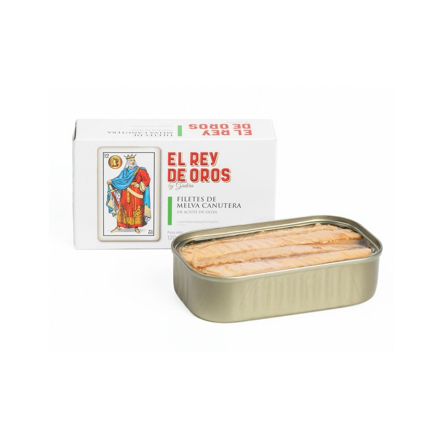 FILETES DE MELVA CANUTERA EN ACEITE DE OLIVA LATA 120g. EL REY DE OROS