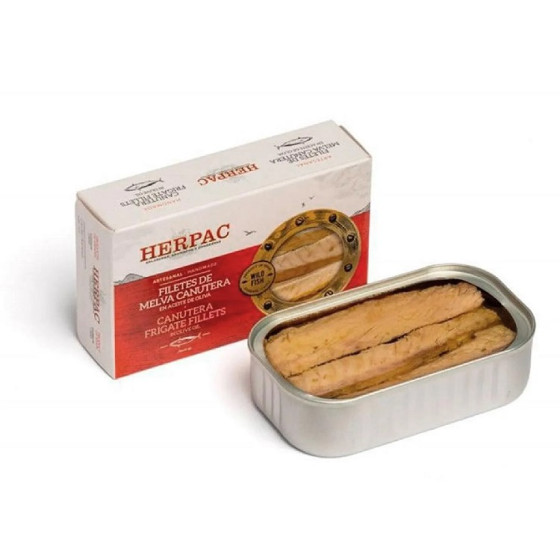 FILETES DE MELVA CANUTERA EN ACEITE DE OLIVA LATA 120g. HERPAC BARBATE