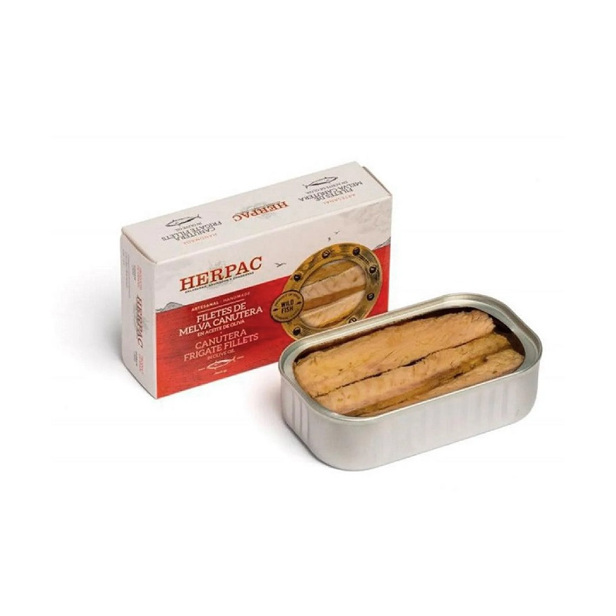 FILETES DE MELVA CANUTERA EN ACEITE DE OLIVA LATA 120g. HERPAC BARBATE
