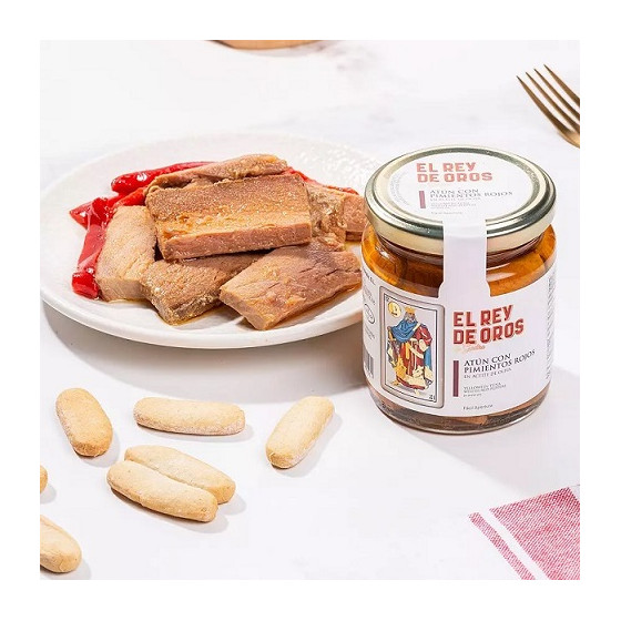 TARRO DE ATÚN CON PIMIENTOS ROJOS 250 gr. EL REY DE OROS BARBATE