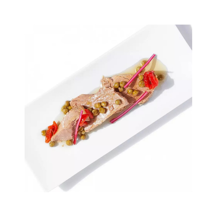 MORMO DE ATÚN ROJO SALVAJE DE ALMADRABA CON PIMIENTOS Y GUISANTES LATA