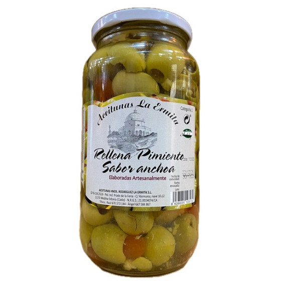 ACEITUNAS RELLENAS PIMIENTOS ROJOS CON SABOR ANCHOA 1350gr. ACEITUNAS 