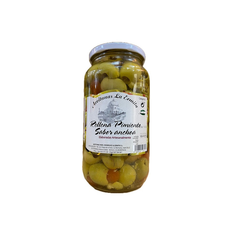ACEITUNAS RELLENAS PIMIENTOS ROJOS CON SABOR ANCHOA 1350gr. ACEITUNAS 