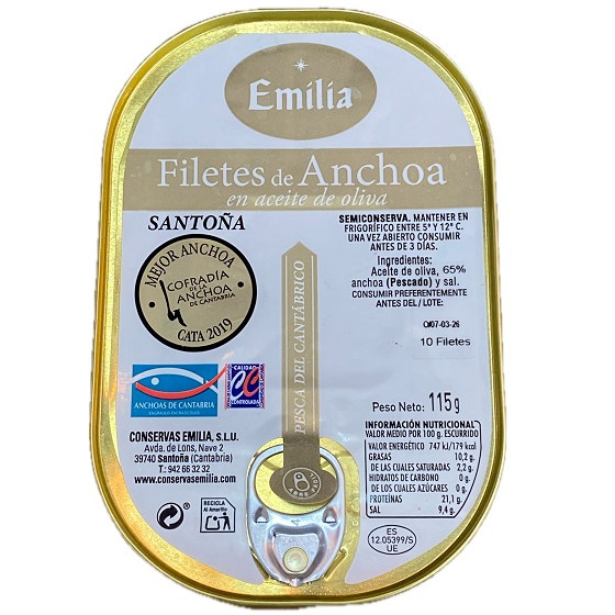 ANCHOAS DEL CANTÁBRICO 115G 10 FILETES CONSERVAS EMILIA EN ACEITE DE O