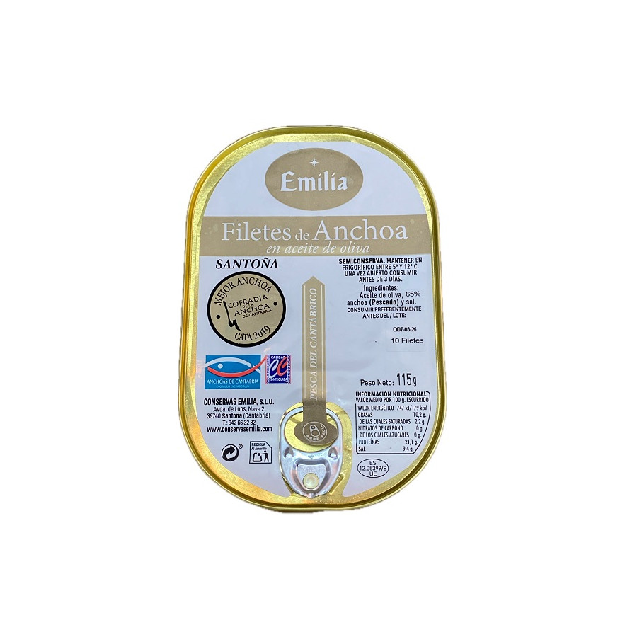 ANCHOAS DEL CANTÁBRICO 115G 10 FILETES CONSERVAS EMILIA EN ACEITE DE O