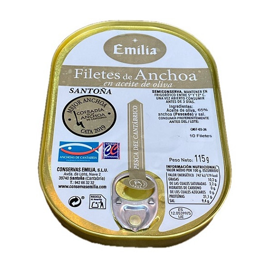 ANCHOAS DEL CANTÁBRICO 115G 10 FILETES CONSERVAS EMILIA EN ACEITE DE O