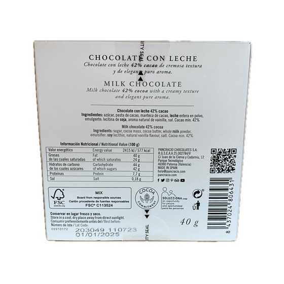 CHOCOLATE ARTESANO CON LECHE 40g PANCRACIO