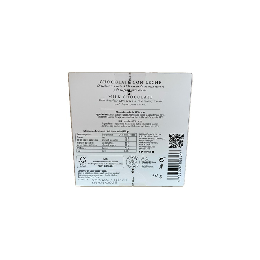 CHOCOLATE ARTESANO CON LECHE 40g PANCRACIO