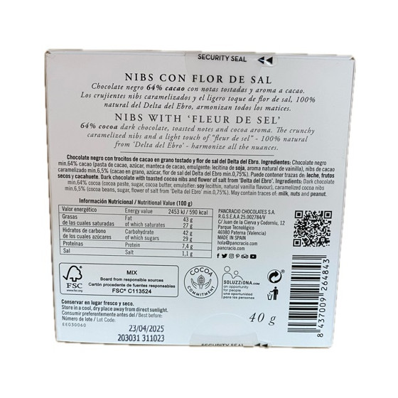 CHOCOLATE ARTESANO NIBS CON FLOR DE SAL 40g PANCRACIO