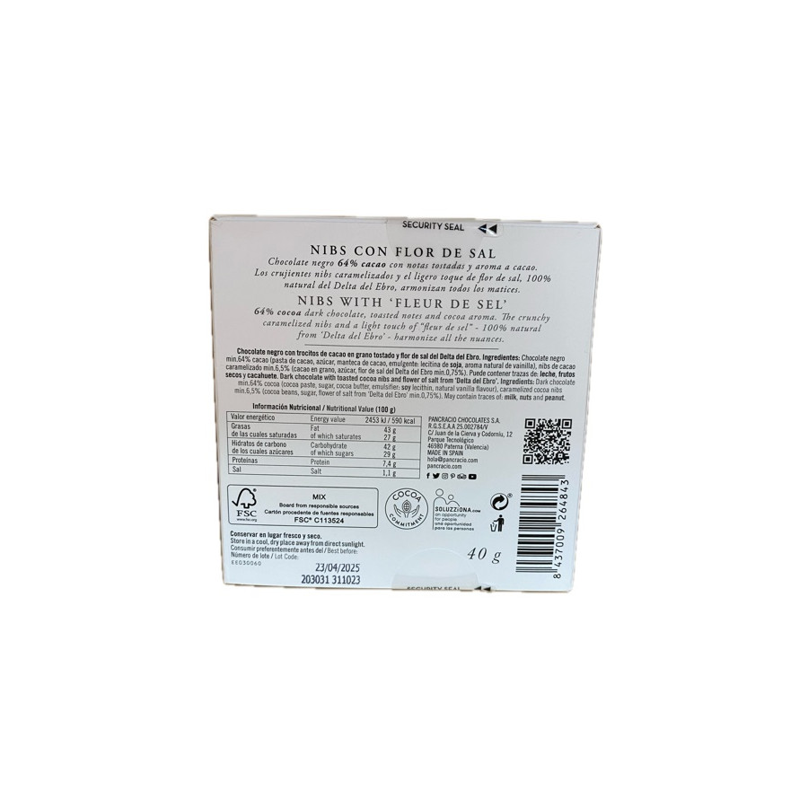 CHOCOLATE ARTESANO NIBS CON FLOR DE SAL 40g PANCRACIO