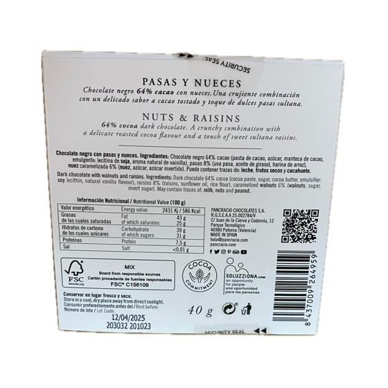 CHOCOLATE ARTESANO CON PASAS Y NUECES 40g PANCRACIO