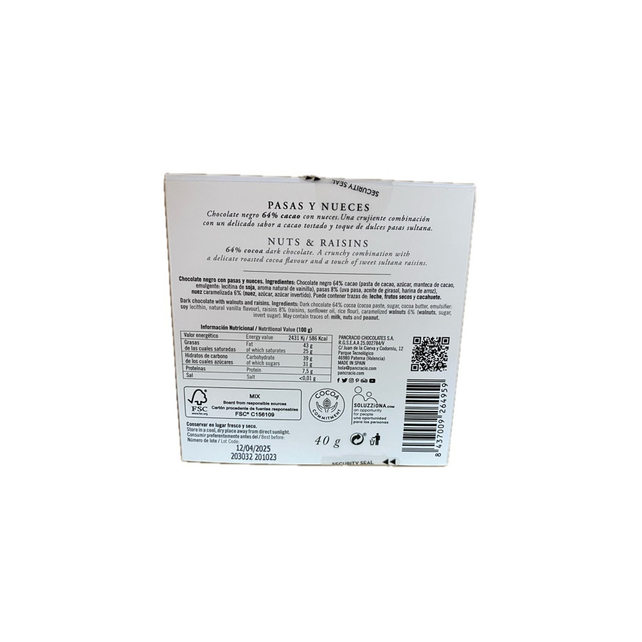CHOCOLATE ARTESANO CON PASAS Y NUECES 40g PANCRACIO