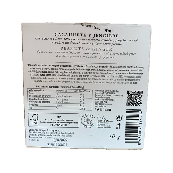 CHOCOLATE ARTESANO CACAHUETE Y JENGIBRE 40g PANCRACIO
