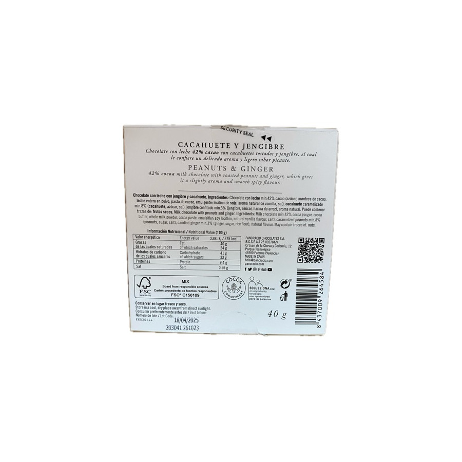 CHOCOLATE ARTESANO CACAHUETE Y JENGIBRE 40g PANCRACIO