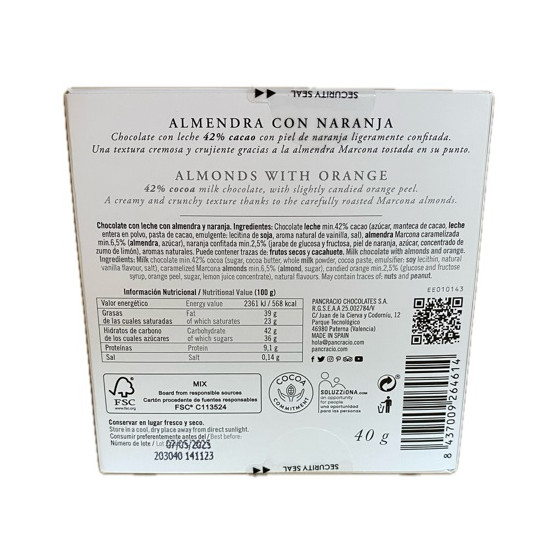 CHOCOLATE ARTESANO ALMENDRA CON NARANJA 40g PANCRACIO
