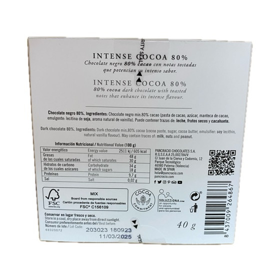 CHOCOLATE ARTESANO 80% INTENSE COCOA 40g PANCRACIO