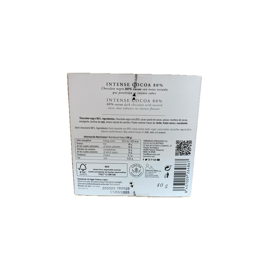 CHOCOLATE ARTESANO 80% INTENSE COCOA 40g PANCRACIO