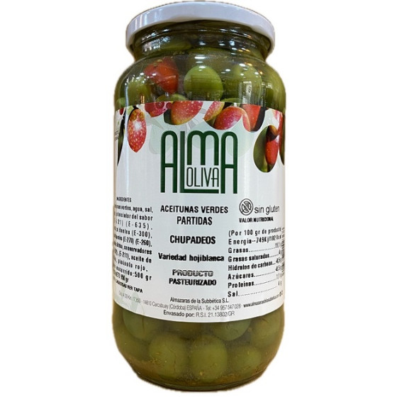 ACEITUNAS VERDES PARTIDAS CHUPADEOS 950 gr. ALMA OLIVA