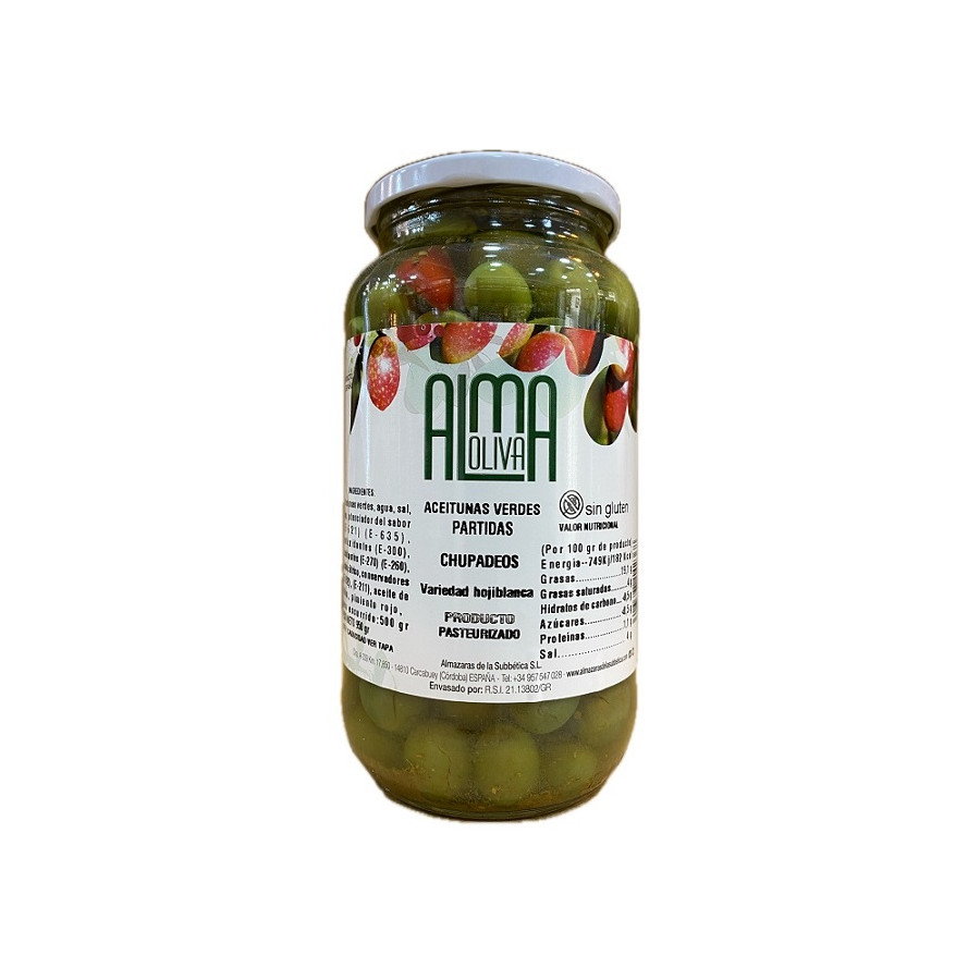ACEITUNAS VERDES PARTIDAS CHUPADEOS 950 gr. ALMA OLIVA