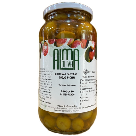 ACEITUNAS PARTIDAS MOJO PICÓN 950 gr. VARIEDAD HOJIBLANCA ALMA OLIVA