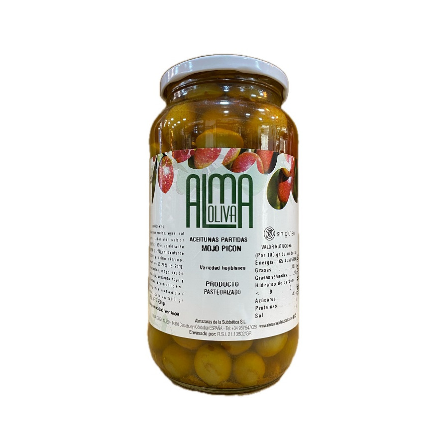 ACEITUNAS PARTIDAS MOJO PICÓN 950 gr. VARIEDAD HOJIBLANCA ALMA OLIVA