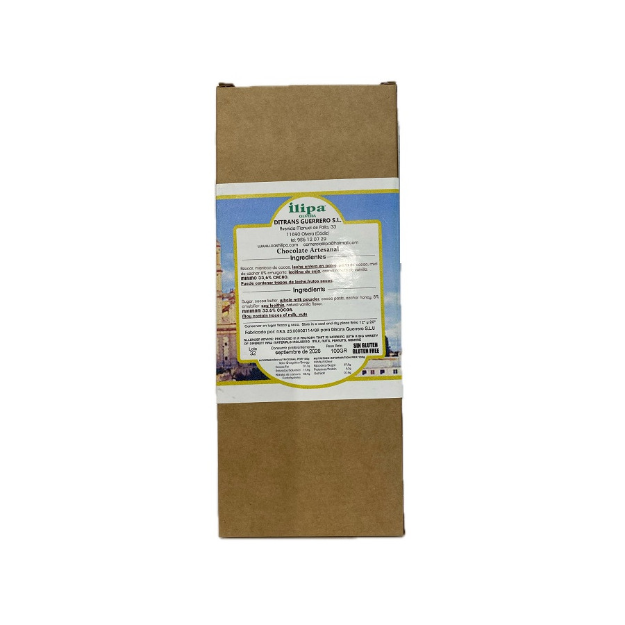 CHOCOLATE CON LECHE Y MIEL ILIPA 110 G – ARTESANAL DE OLVERA (CÁDIZ)