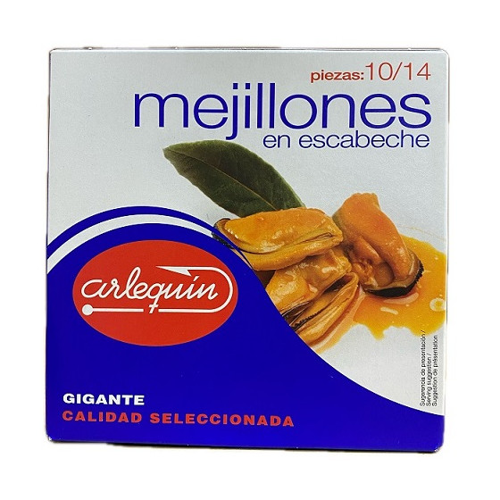 MEJILLONES EN ESCABECHE GIGANTES 10/14 PIEZAS 266 gr ARLEQUÍN CALIDAD 