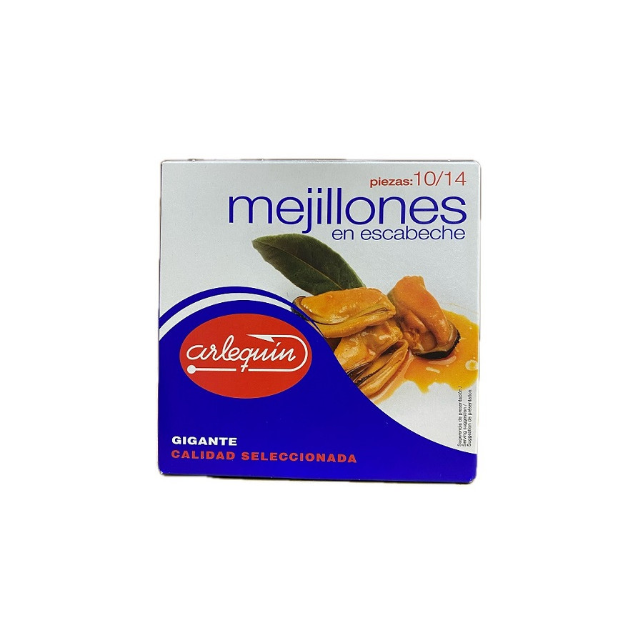 MEJILLONES EN ESCABECHE GIGANTES 10/14 PIEZAS 266 gr ARLEQUÍN CALIDAD 