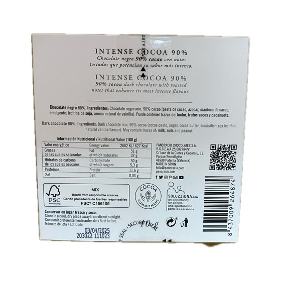 CHOCOLATE ARTESANO 90% INTENSE COCOA 40g PANCRACIO