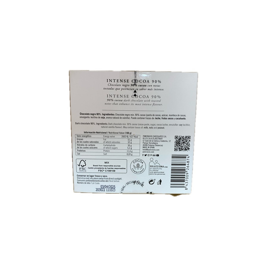 CHOCOLATE ARTESANO 90% INTENSE COCOA 40g PANCRACIO