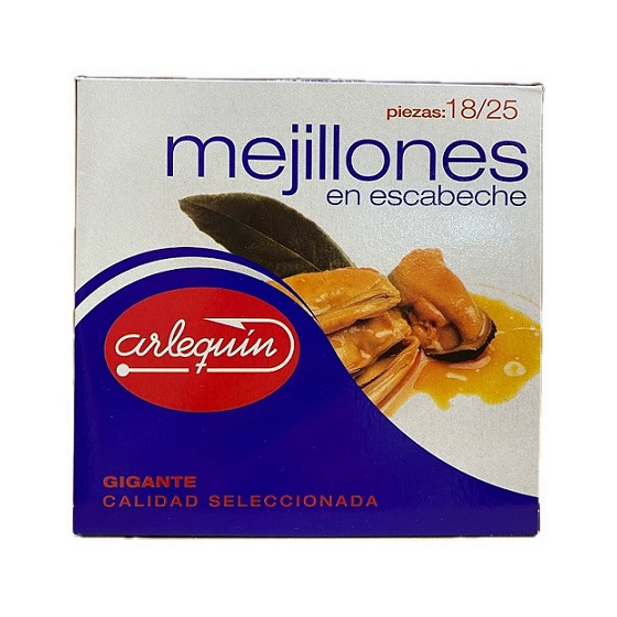 MEJILLONES EN ESCABECHE GIGANTES 18/25 PIEZAS 523 gr ARLEQUÍN CALIDAD 