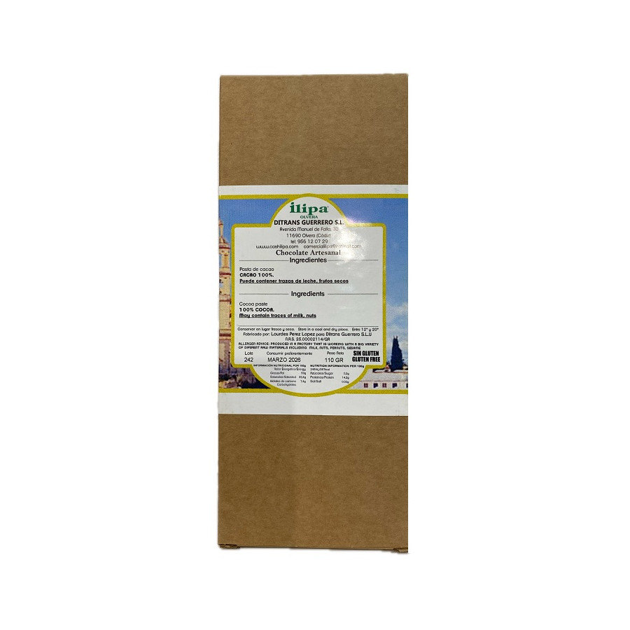 CHOCOLATE NEGRO 100% ILIPA 110 G – PURO Y ARTESANAL DE OLVERA (CÁDIZ)