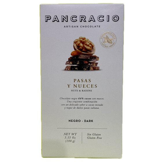 TABLETA CHOCOLATE NEGRO 64% PASAS Y NUECES PANCRACIO 100G – GOURMET AR