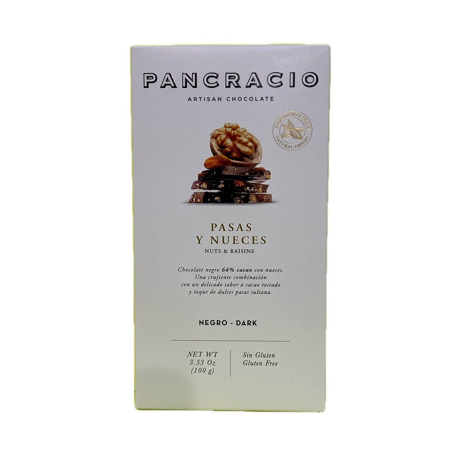 TABLETA CHOCOLATE NEGRO 64% PASAS Y NUECES PANCRACIO 100G – GOURMET AR