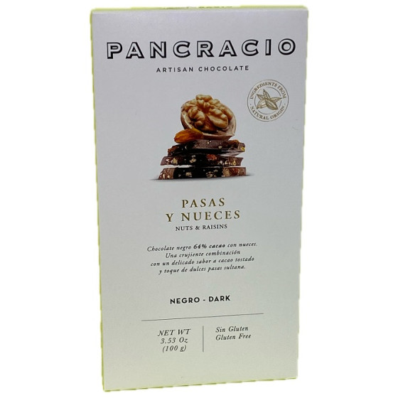 TABLETA CHOCOLATE NEGRO 64% PASAS Y NUECES PANCRACIO 100G – GOURMET AR