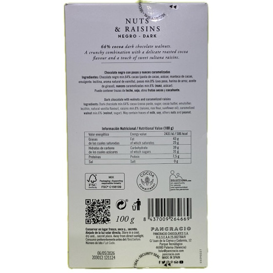 TABLETA CHOCOLATE NEGRO 64% PASAS Y NUECES PANCRACIO 100G – GOURMET AR