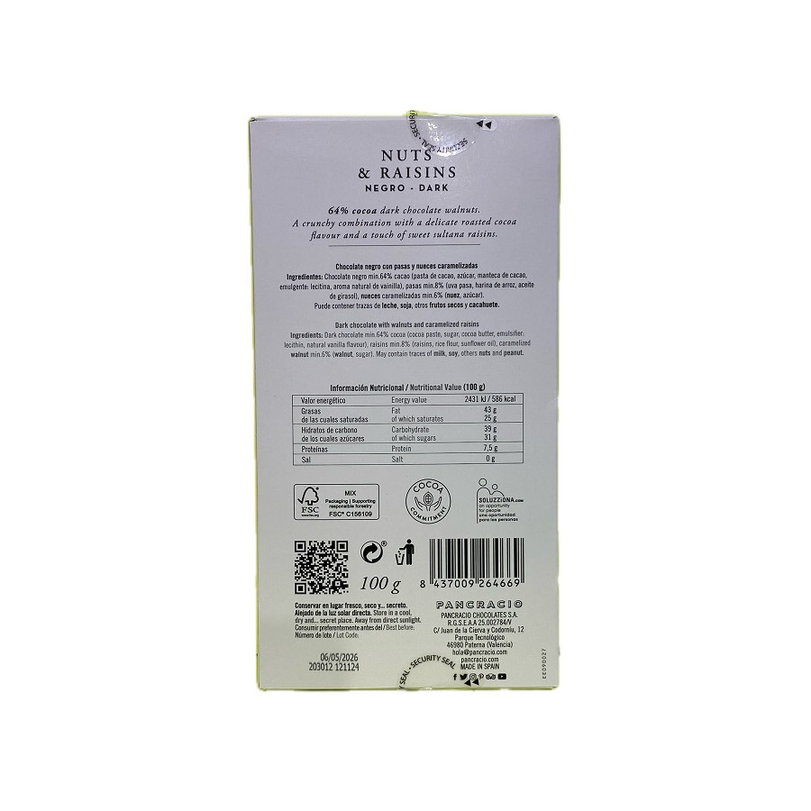 TABLETA CHOCOLATE NEGRO 64% PASAS Y NUECES PANCRACIO 100G – GOURMET AR