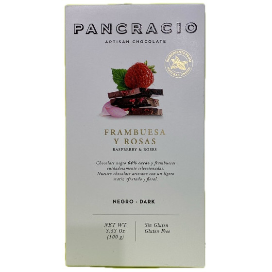 TABLETA CHOCOLATE NEGRO 64% FRAMBUESAS Y ROSAS PANCRACIO 100G – GOURME