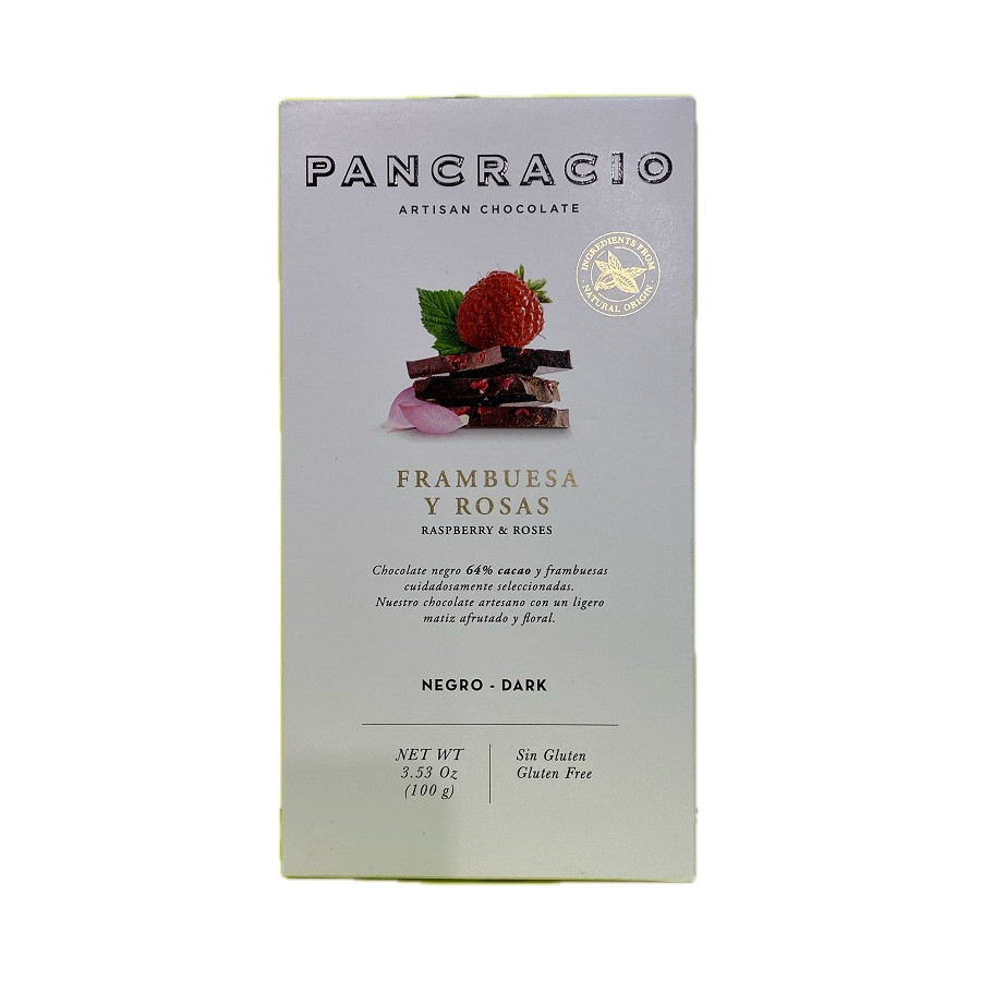 TABLETA CHOCOLATE NEGRO 64% FRAMBUESAS Y ROSAS PANCRACIO 100G – GOURME