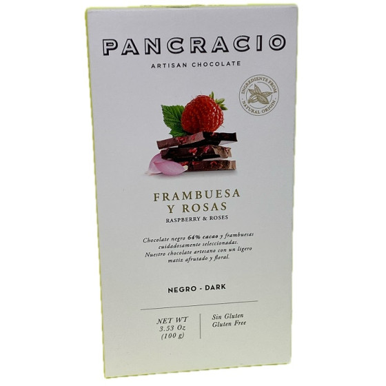 TABLETA CHOCOLATE NEGRO 64% FRAMBUESAS Y ROSAS PANCRACIO 100G – GOURME