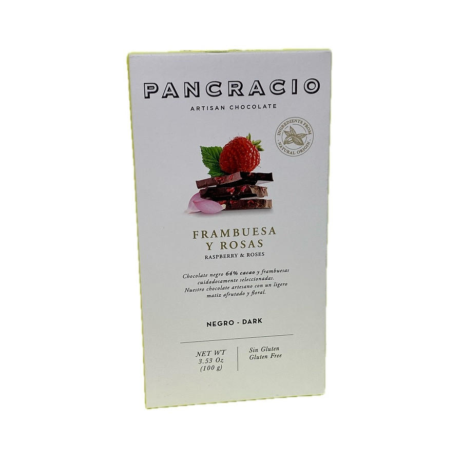 TABLETA CHOCOLATE NEGRO 64% FRAMBUESAS Y ROSAS PANCRACIO 100G – GOURME