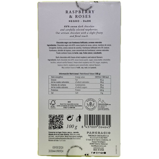 TABLETA CHOCOLATE NEGRO 64% FRAMBUESAS Y ROSAS PANCRACIO 100G – GOURME