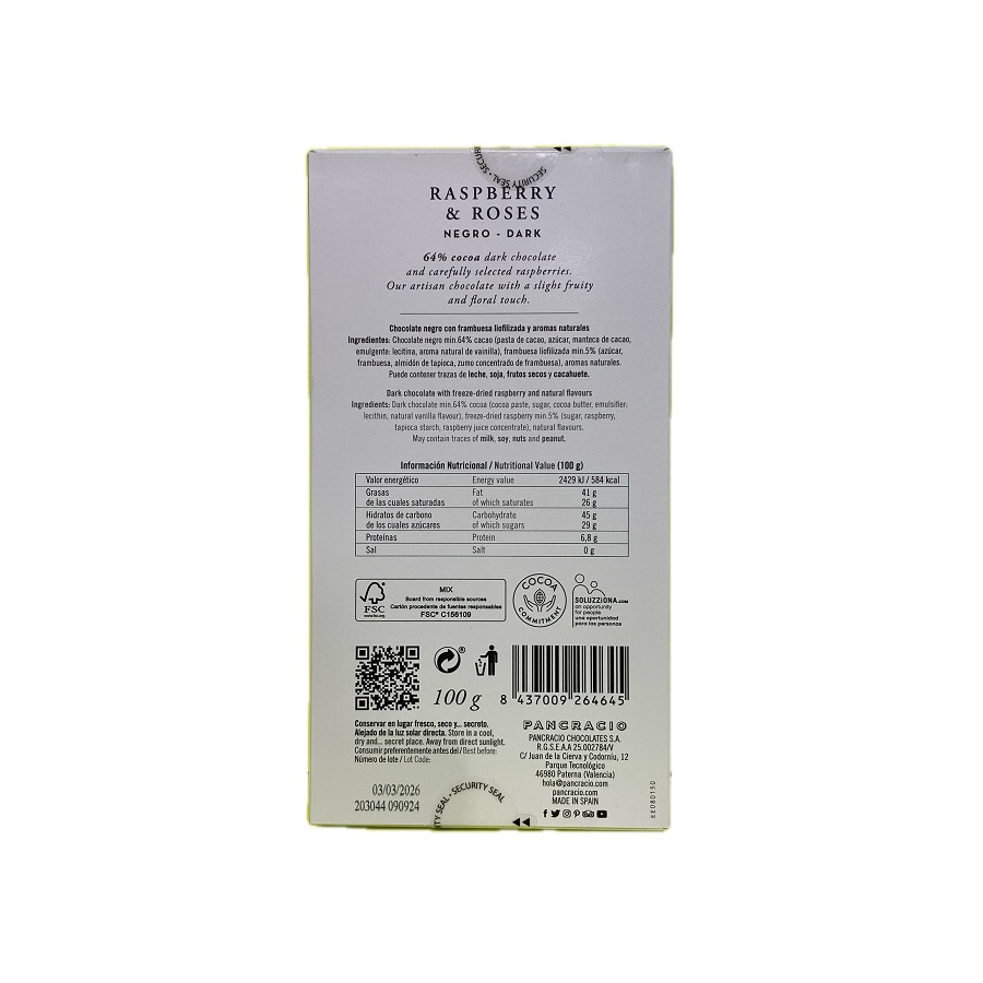 TABLETA CHOCOLATE NEGRO 64% FRAMBUESAS Y ROSAS PANCRACIO 100G – GOURME